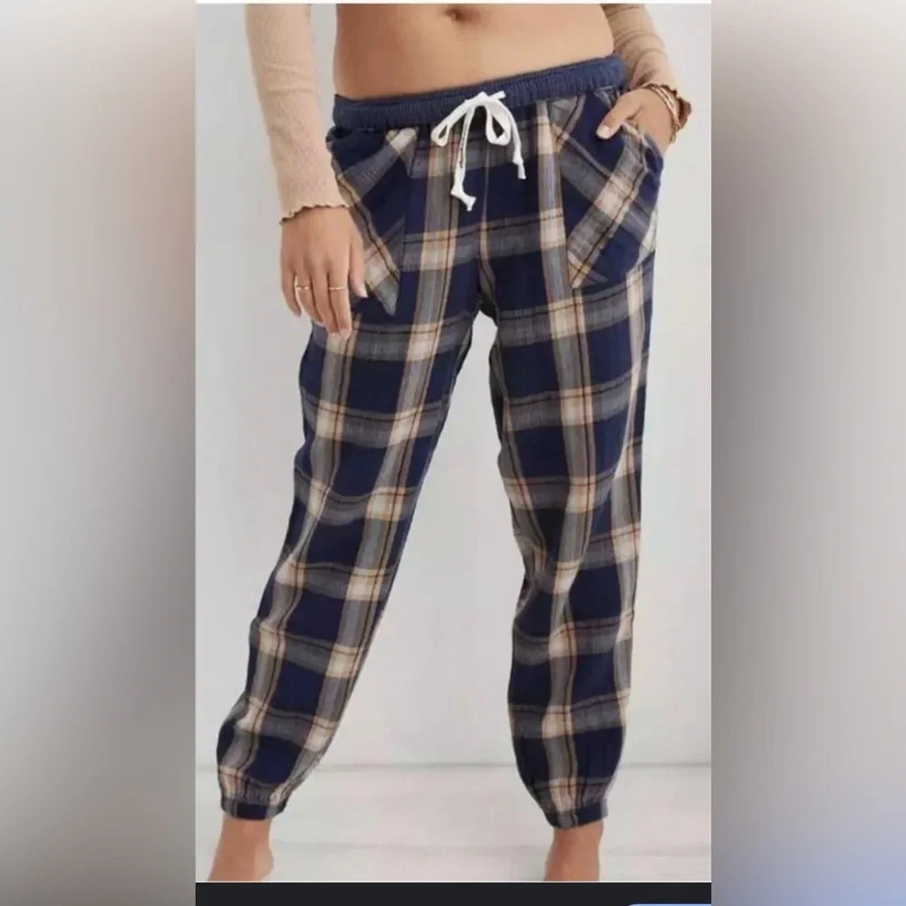 Aerie Jogger Size Small Soft Plaid Gauze Pajama Woven Jogger Pants Cotton sku522